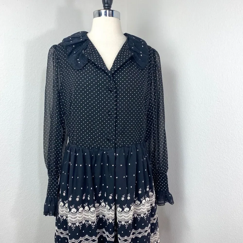 Vtg Black White Embroidered Dress XL Polka Dots Button Front Long Sleeves Boho